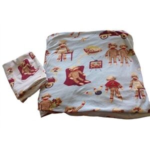 Nick & Nora Sock Monkey 100% Cotton Flannel Flat Sheet Full Size &  1 Pillowcase